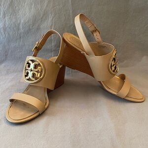 Tory Burch Beige Wedge Sandals with Gold Accent